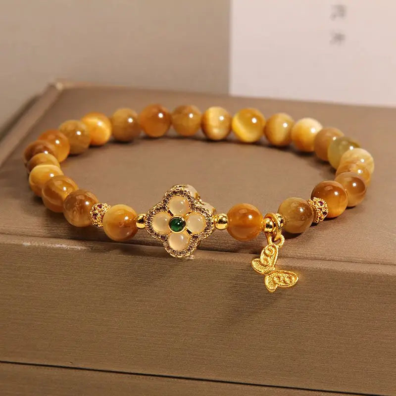 Golden Tiger Eye Bracelet Women's Chinese Style Light Luxury Niche Exquisite Retro Four-leaf Clover Bracelet for Girlfriend Gift