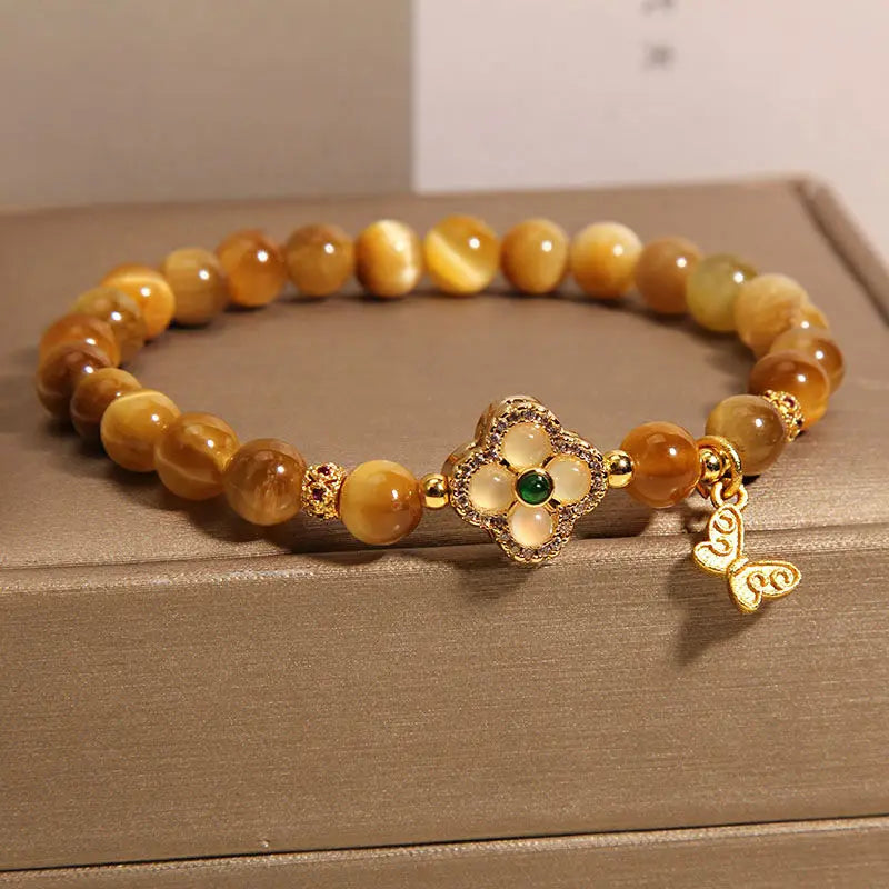 Golden Tiger Eye Bracelet Women's Chinese Style Light Luxury Niche Exquisite Retro Four-leaf Clover Bracelet for Girlfriend Gift