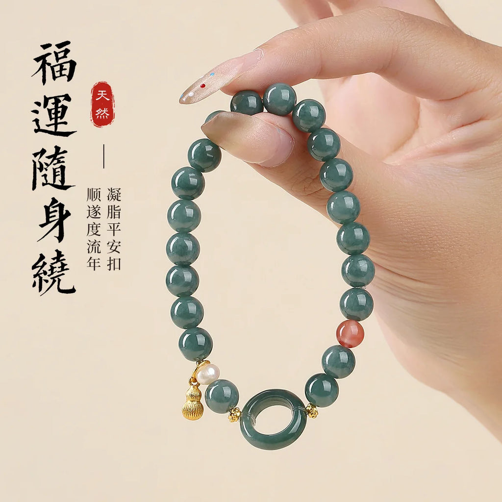 Light Luxury Natural Dangerous Material Jade Beaded Bracelet Red Agate Lucky Jade Safe Buckle Chinese Trendy Gourd Hand String