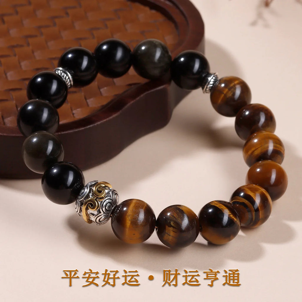 Natural Gold Obsidian Yellow Tiger Eye Single Circle Bracelet Chinese Trendy Original Couple Literary Creative Lucky Hand String